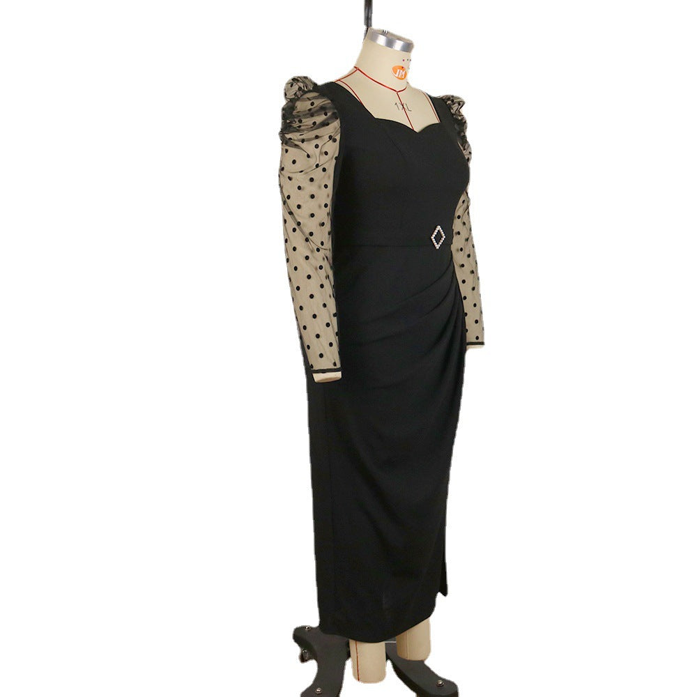 Damen elegantes Midi-Kleid mit transparenten Puffärmeln und zartem Rüschenakzent Echo Archiv