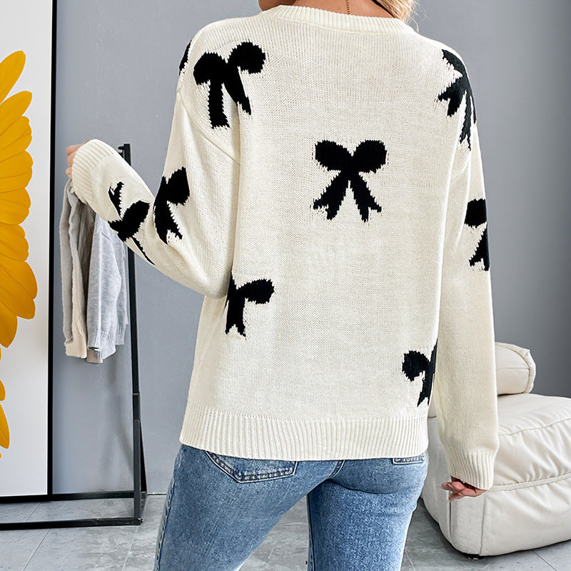Damen Feinstrick-Pullover mit Schleifen-Jacquard, Rundhalsausschnitt und gerippten Bündchen – Mavelle