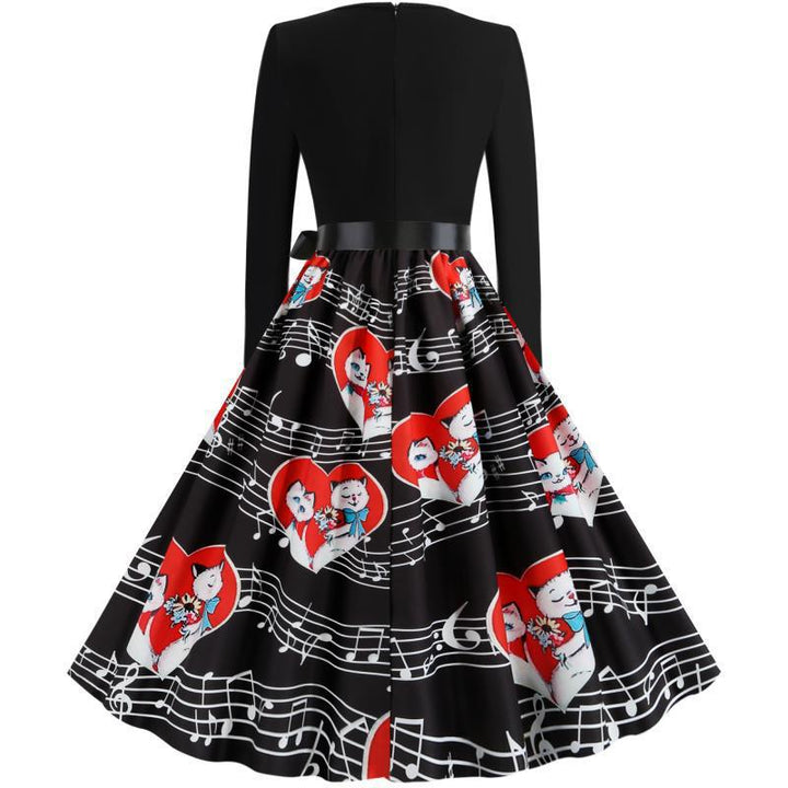 Damen Retro Swing-Kleid im Vintage-Stil mit A-Linie, langärmlig und Taillenschleife – Élara