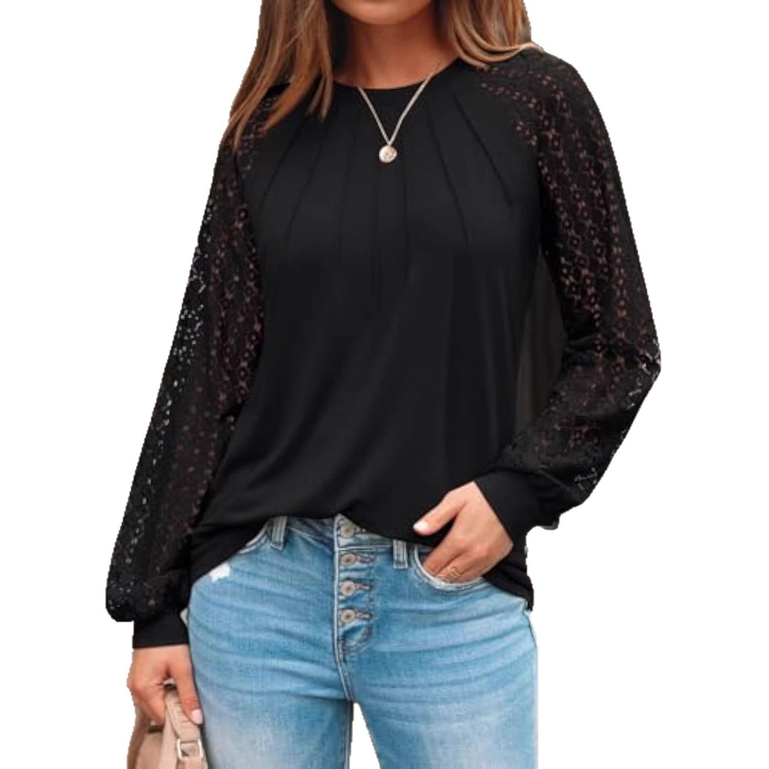 Damen Langarm-Bluse mit Spitzeneinsätzen und Kellerfalten – Élovi
