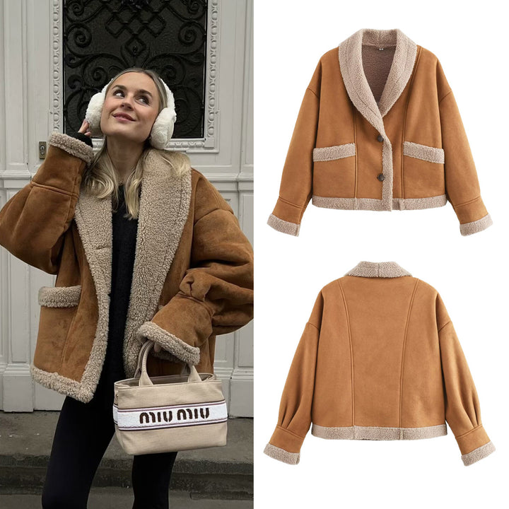 Damen Kurzjacke mit Teddy-Futter, Schalkragen und Oversize-Schnitt Echo Archiv