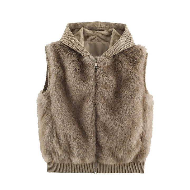 Damen Kunstfellweste mit Reißverschluss, Rippkragen und elastischem Bündchen Echoarchiv