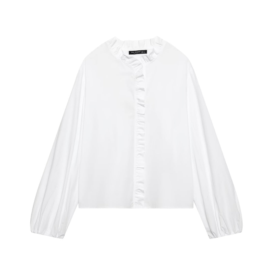 Damen Gestreifte Cropped-Bluse mit Rüschendetail und Ballonärmeln Echoarchiv