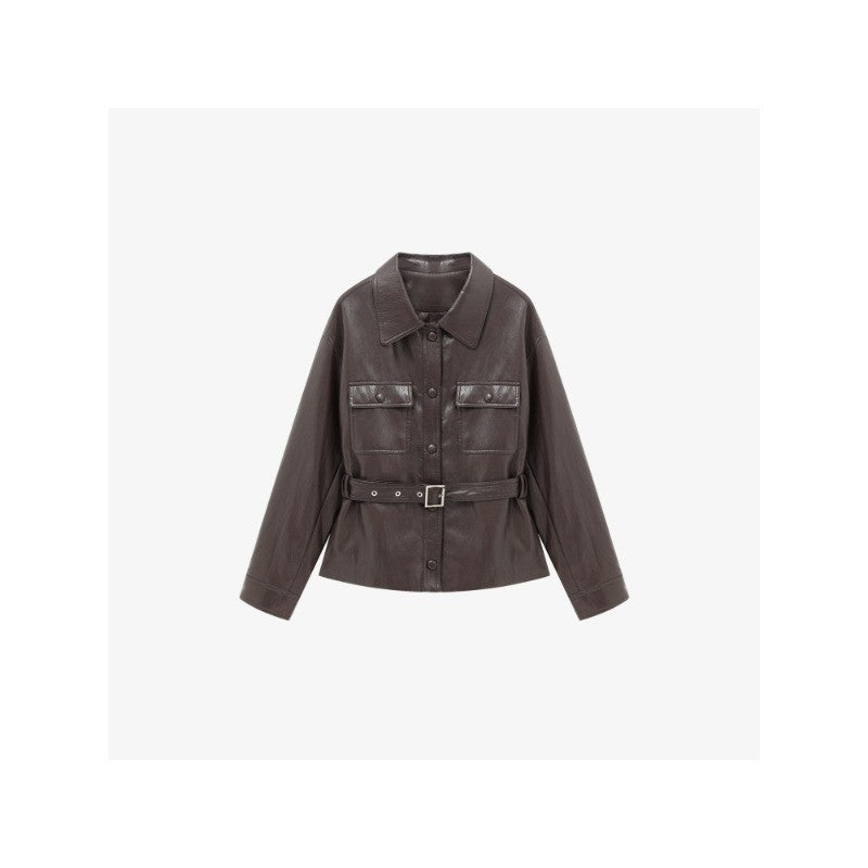 Damen Lederjacke im Oversize-Utility-Stil mit Taillengürtel Echoarchiv