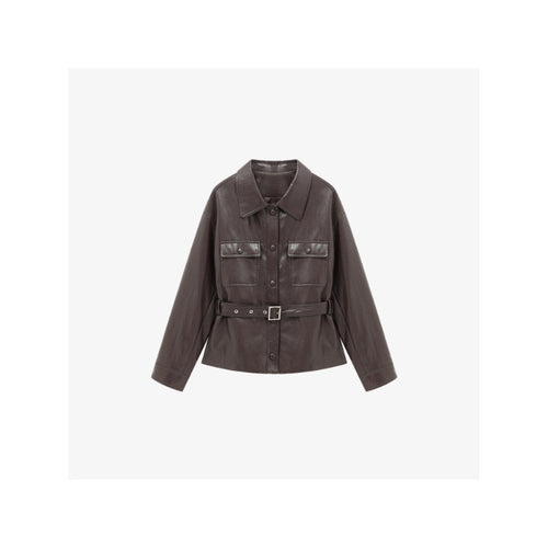 Damen Lederjacke im Oversize-Utility-Stil mit Taillengürtel Echoarchiv