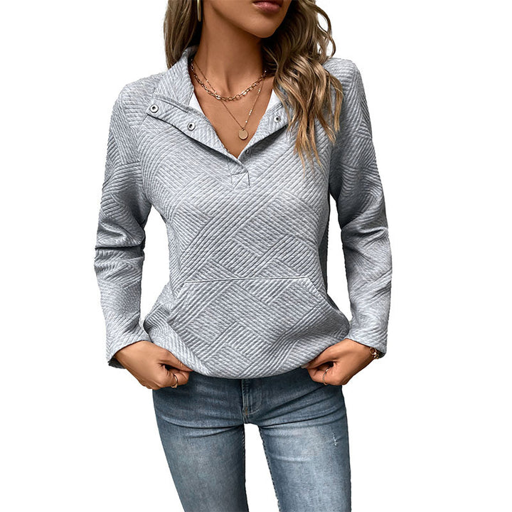 Damen Stepp-Sweatshirt mit Klappkragen, Druckknopf-Detail und Kängurutasche – Mavelle