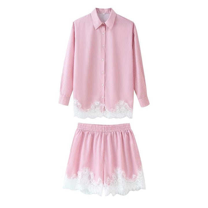 Damen Zweiteiliges Satin-Schlafanzug-Set mit Spitzenbesatz und Hemdjacke Echo Archiv