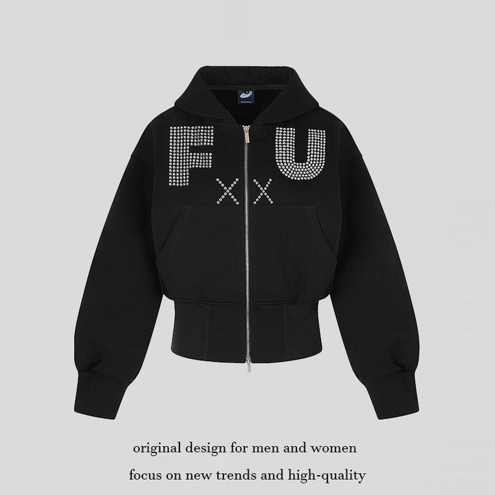Damen Kurze Kapuzen-Sweatjacke mit durchgehendem Reißverschluss, breitem Rippbund und Strass-Logo Echoarchiv