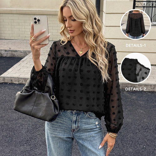 Damen Elegante Chiffonbluse mit 3D-Pompon-Applikation, V-Ausschnitt und elastischen Manschetten – Élovi