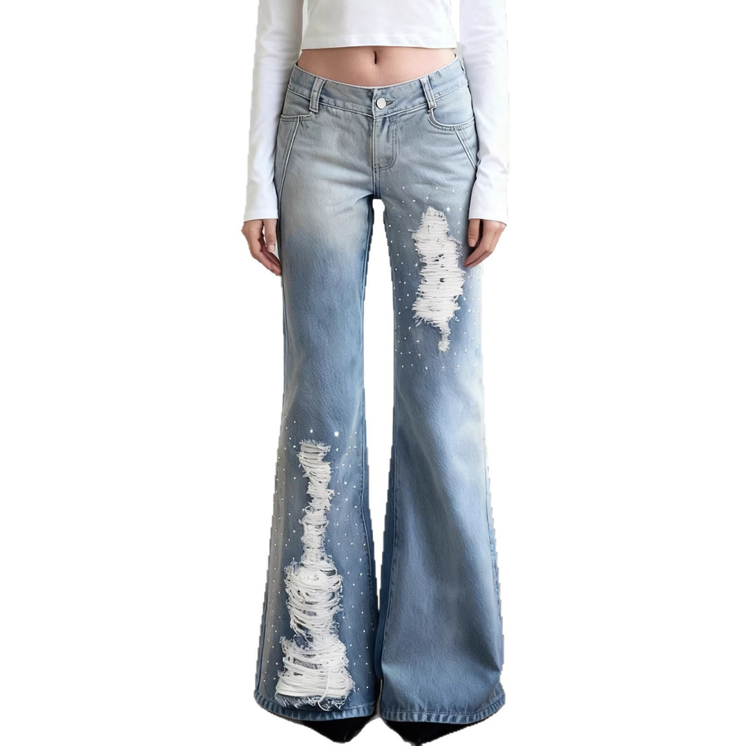 Damen Weite Schlagjeans mit hoher Taille, ausgefransten Rissen und Perlenapplikation Echo Archiv
