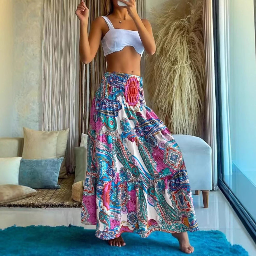 Damen Maxirock mit elastischem Smockbund und fließendem Paisley‑Print – Rosévia