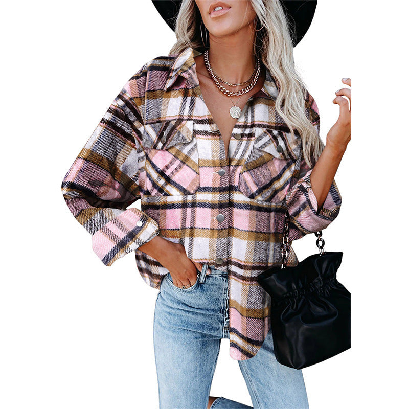 Damen Oversized Hemdjacke im karrierten Flanell-Look mit Brusttaschen Echo Archiv