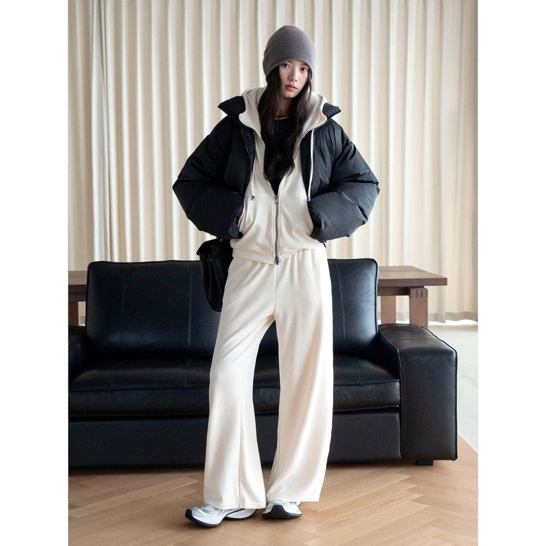 Damen Zip-Kapuzen-Sweatset mit weitem Lounge-Hose-Schnitt Echoarchiv