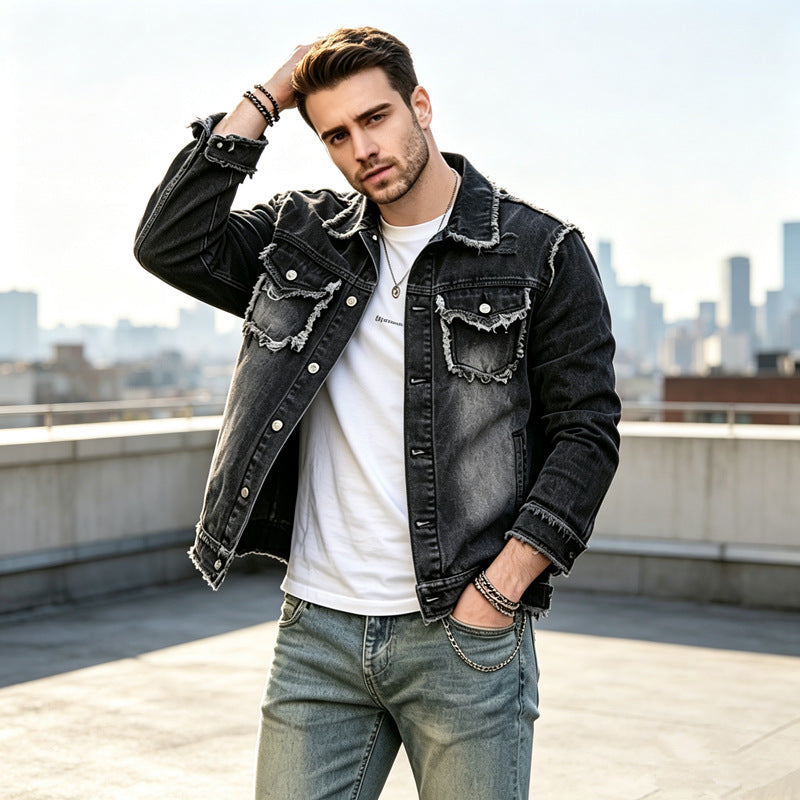 Herren Modische Jeansjacke mit Fransen Echoarchiv