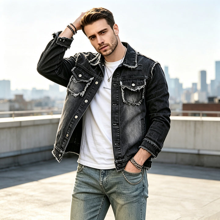 Herren Modische Jeansjacke mit Fransen Echoarchiv