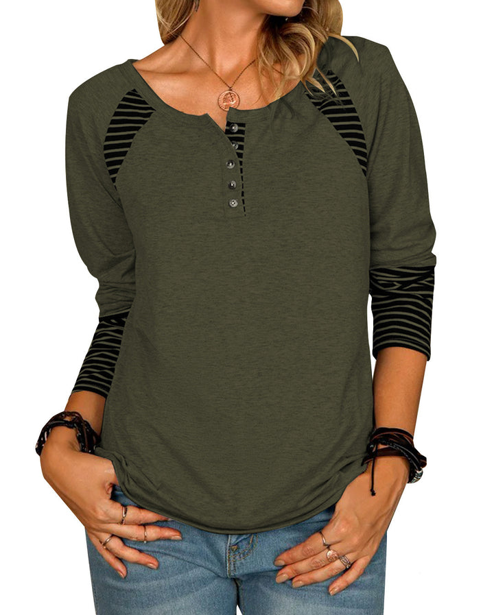 Damen Lässiges Raglan-Henley-Shirt mit Knopfleiste und gestreiften Ärmelbündchen – Orélia