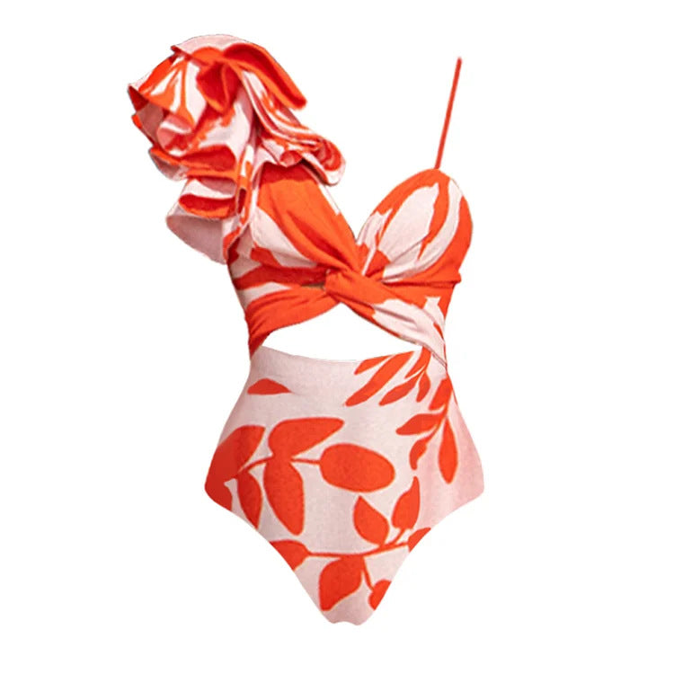 Damen Eleganter Einteiler Badeanzug mit voluminösen Rüschendetails Echo Archiv
