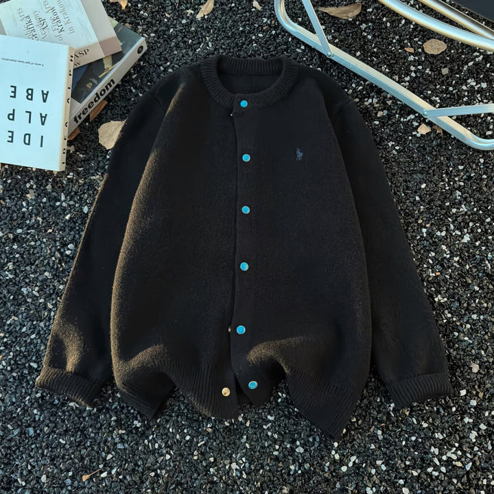 Unisex Oversize-Strickjacke mit Druckknopfleiste, geripptem Saum und Melange-Optik Echoarchiv