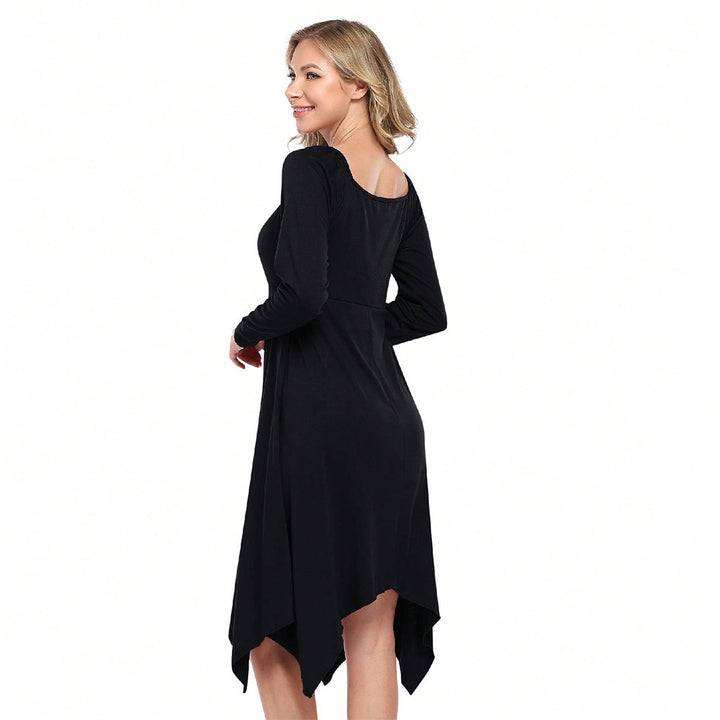 Damen asymmetrisches Longsleeve-Kleid mit gerafftem Bustier, Empire‑Naht und Zipfelsaum – Valéora