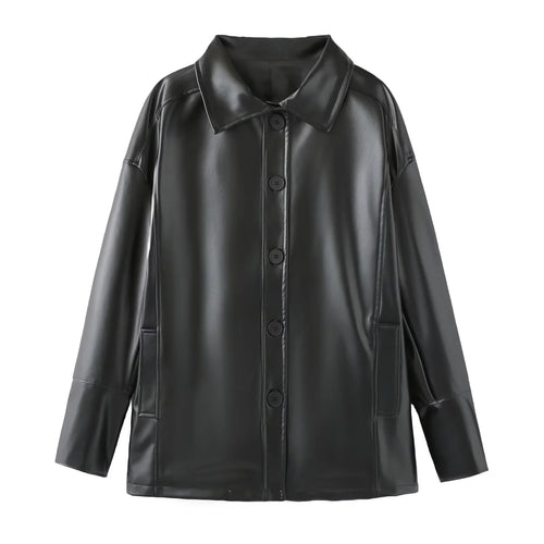 Damen oversized Kunstleder-Hemdjacke mit Hemdkragen, durchgehender Knopfleiste und aufgesetzten Eingrifftaschen – Célinea