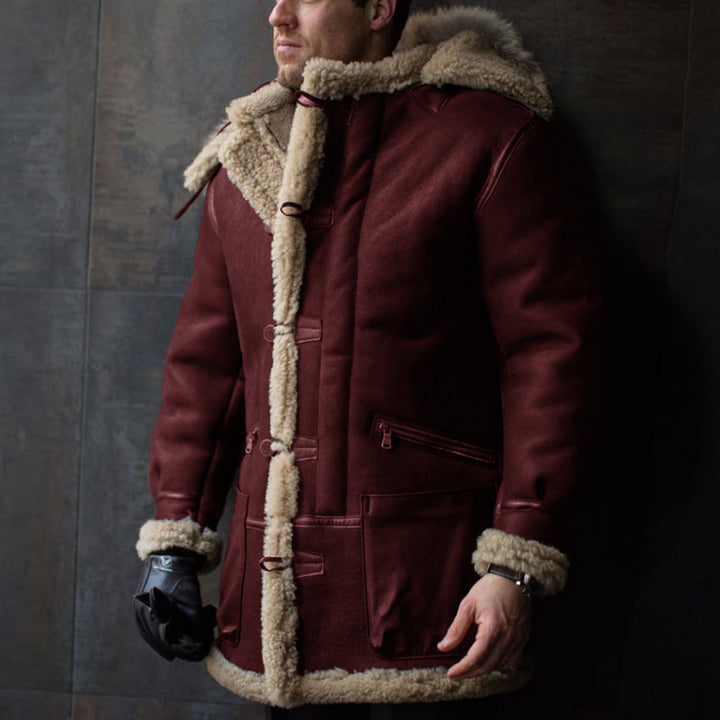 Herren Lammfell-Mantel mit Kapuze und praktischen Taschen Echoarchiv