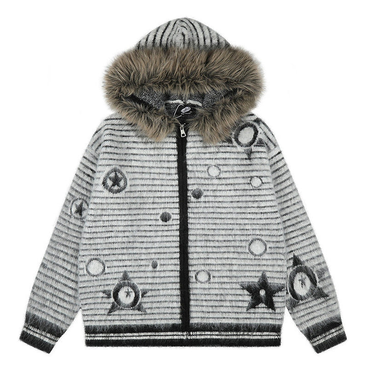 Damen Kapuzen-Strickjacke mit Fellbesatz, gestreifter Mohair‑Optik und Sternapplikationen Echoarchiv