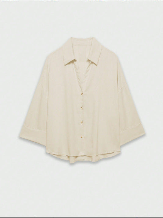 Damen Leichte Oversize Leinenoptik Bluse mit Dreiviertelärmeln und durchgehender Knopfleiste Echoarchiv