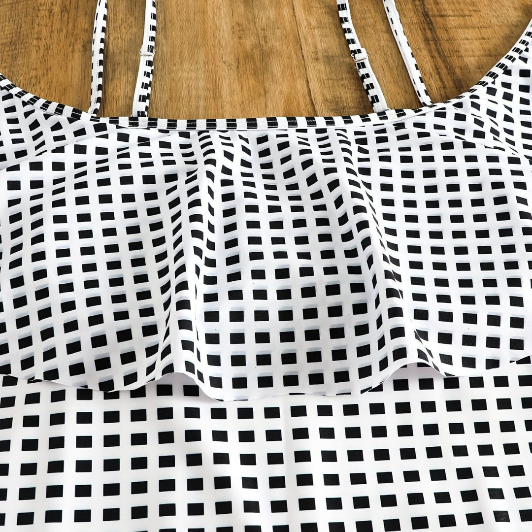 Damen Badeanzug-Set mit Rüschendetails und elegantem Karomuster Echo Archiv