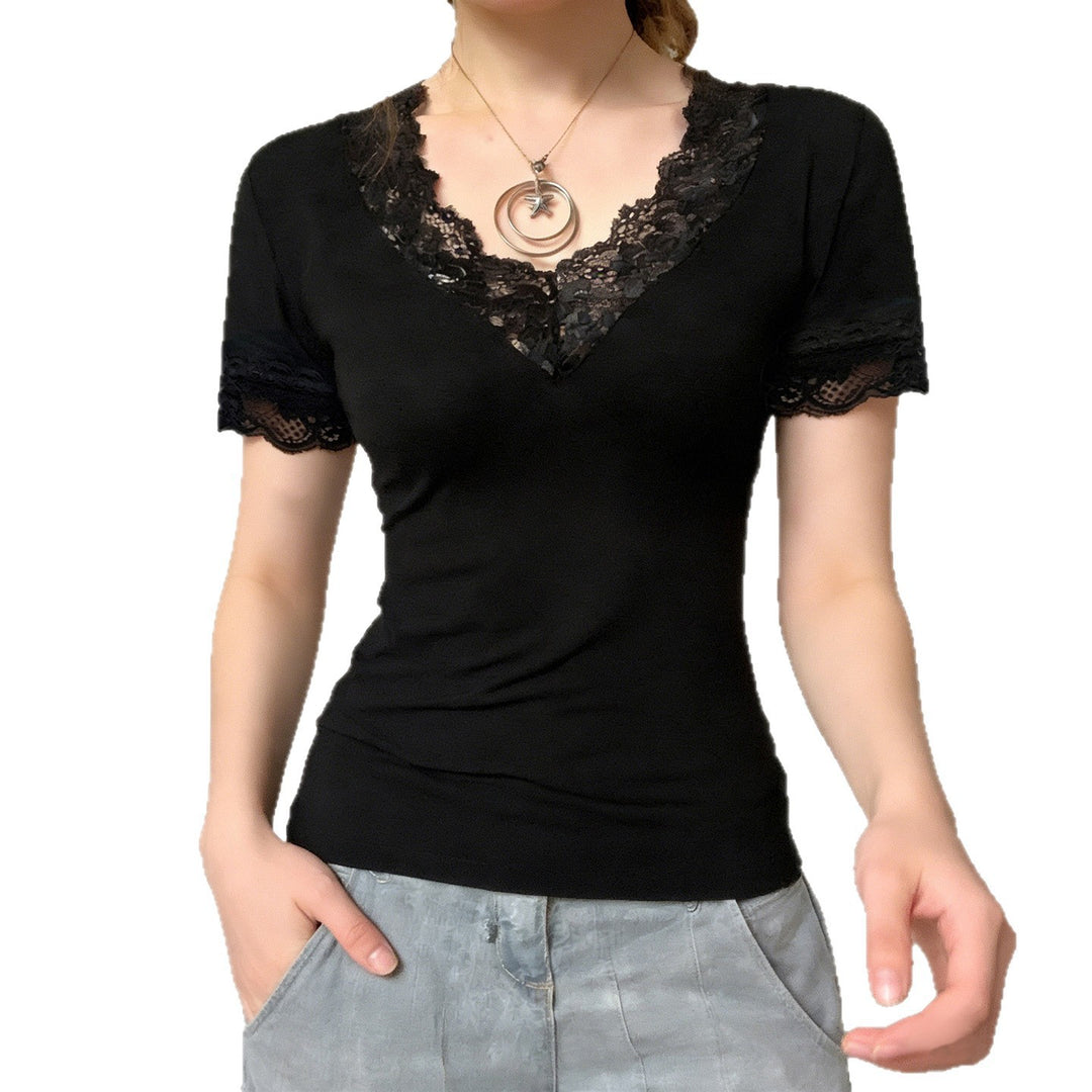 Damen Elegantes Spitzen-T-Shirt mit V-Ausschnitt und Kurzarm Echo Archiv