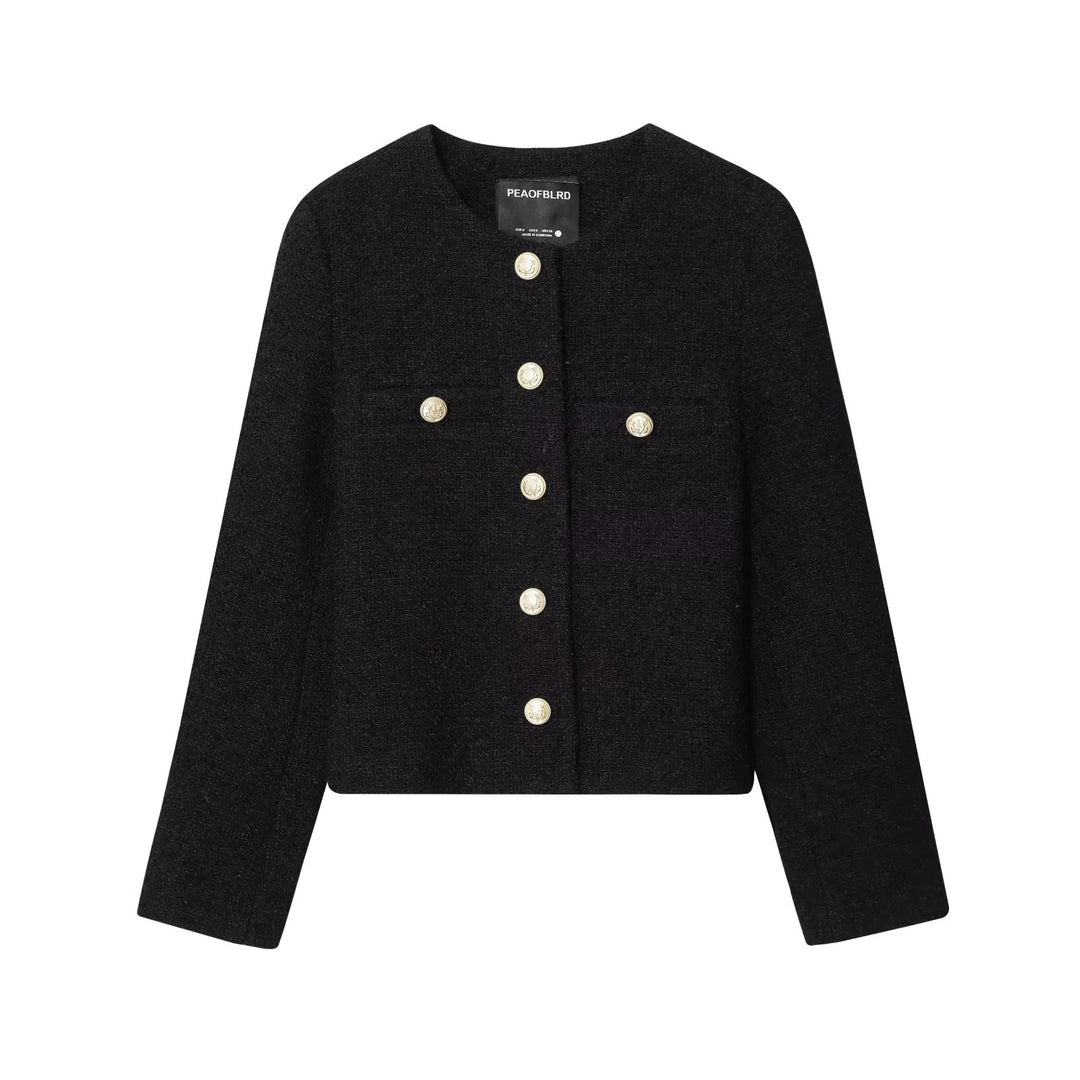 Damen kastige Bouclé-Jacke mit Rundhalsausschnitt goldenen Zierknöpfen und aufgesetzten Brusttaschen – Célinea