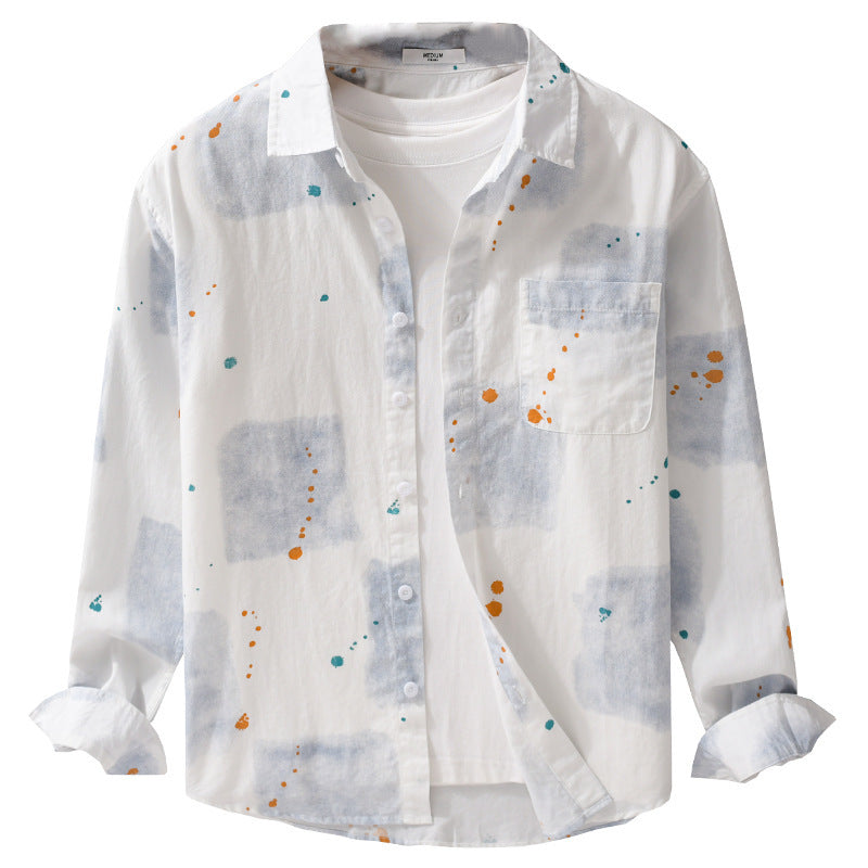Herren Leichtes Baumwollhemd Relaxed‑Fit mit künstlerischem Sprenkel‑ und Aquarellpatch-Print Echoarchiv