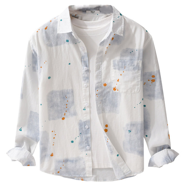 Herren Leichtes Baumwollhemd Relaxed‑Fit mit künstlerischem Sprenkel‑ und Aquarellpatch-Print Echoarchiv