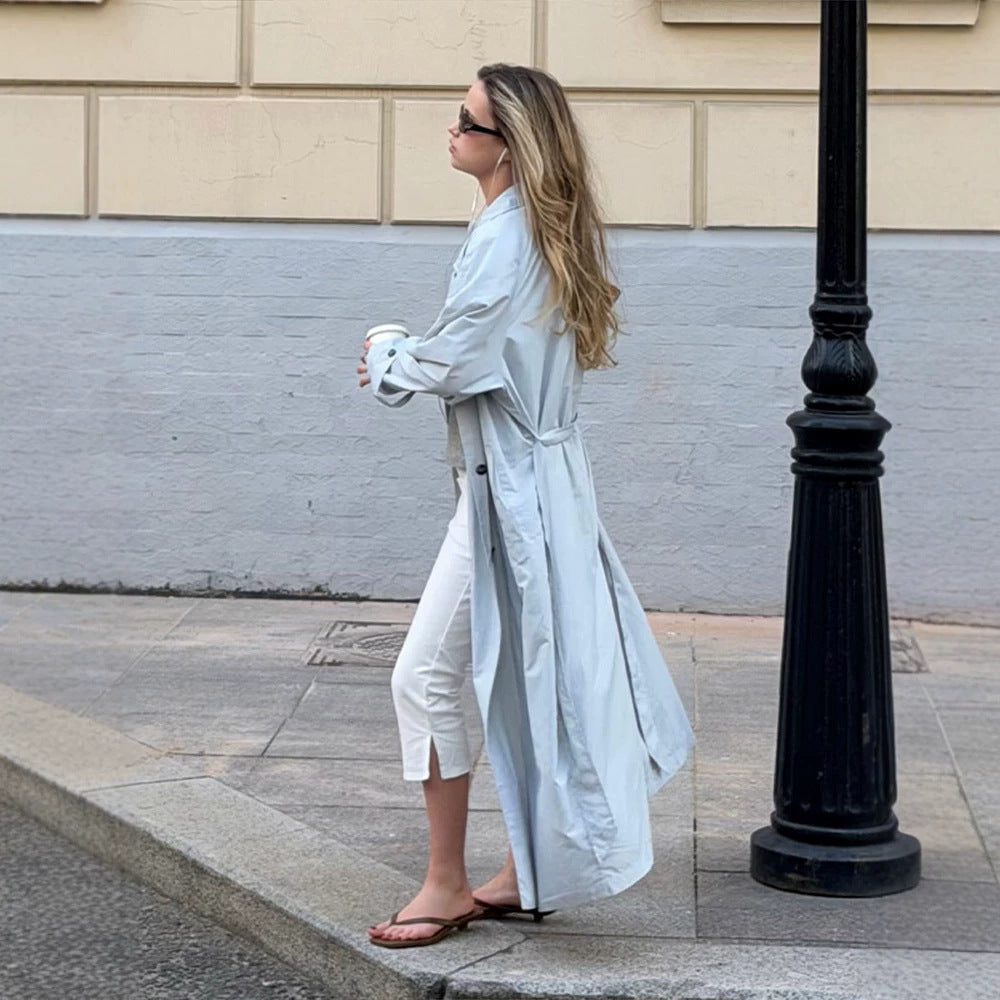 Damen Leichter langer Trenchcoat aus technischem Material mit verdeckter Knopfleiste und lockerem Fall Echoarchiv