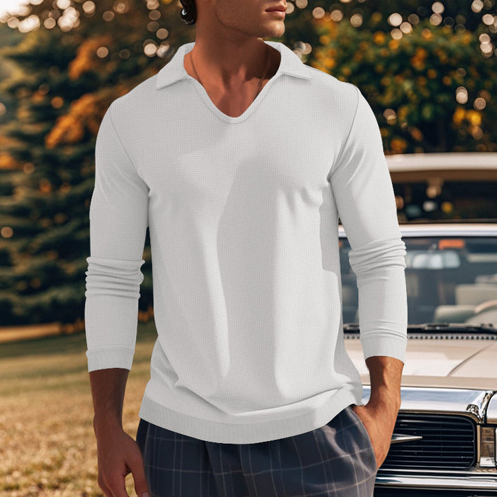 Herren lässiges Langarm-Shirt mit V-Ausschnitt und strukturiertem Gewebe Echoarchiv