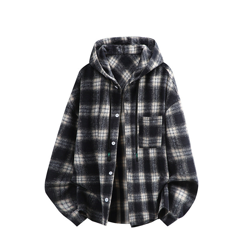 Unisex nan oversized Kapuzen-Hemdjacke aus Flanell mit Karomuster und Brusttasche Echo Archiv