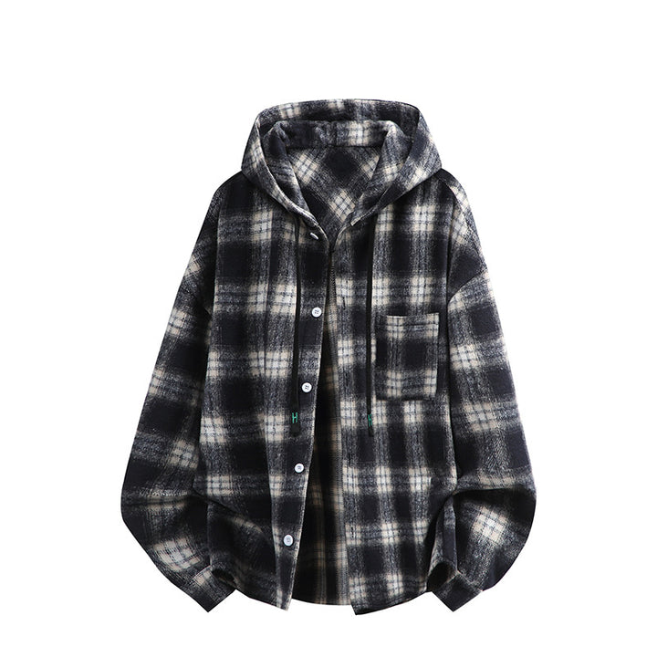 Unisex nan oversized Kapuzen-Hemdjacke aus Flanell mit Karomuster und Brusttasche Echo Archiv