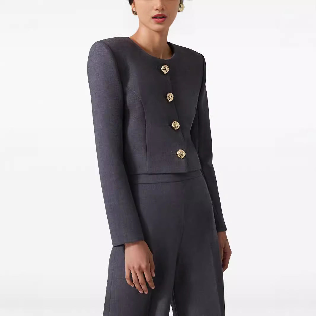 Damen Zweiteiliger Tailoring-Anzug Kurzblazer mit markanter Schulter und hochtaillierter Palazzohose Echoarchiv