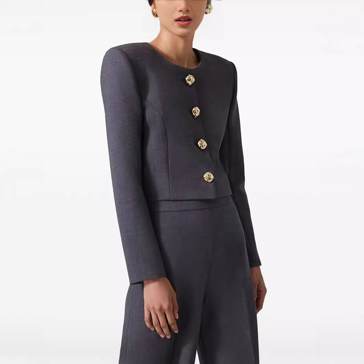 Damen Zweiteiliger Tailoring-Anzug Kurzblazer mit markanter Schulter und hochtaillierter Palazzohose Echoarchiv