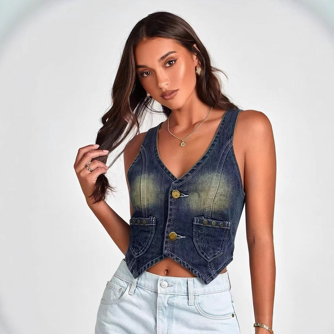 Damen Denim Bustier-Jacke mit Knopfdetails und aufgesetzten Taschen Echo Archiv