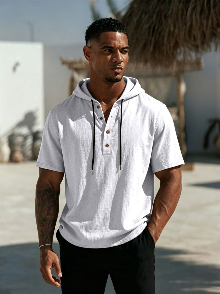 Herren Kurzarm-Hoodie-Henley aus Leinenoptik mit Knopfleiste – Cavarno