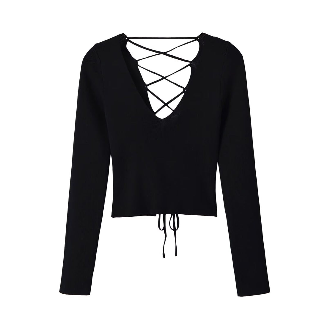 Damen Cropped Feinstrick-Top mit tiefem V‑Ausschnitt, dekorativer Schnürung vorne und Tunnelzugsaum Echoarchiv