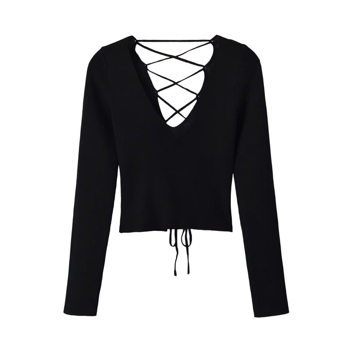 Damen Cropped Feinstrick-Top mit tiefem V‑Ausschnitt, dekorativer Schnürung vorne und Tunnelzugsaum Echoarchiv