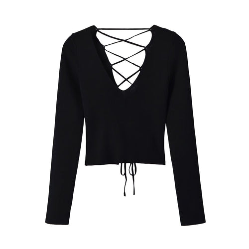 Damen Cropped Feinstrick-Top mit tiefem V‑Ausschnitt, dekorativer Schnürung vorne und Tunnelzugsaum Echoarchiv