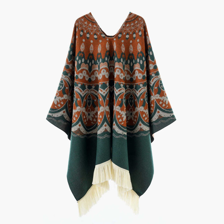 Damen Gewebter Jacquard-Poncho mit V-Ausschnitt, Ethno‑Print und Fransen – Avérine