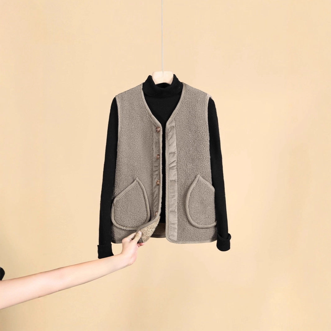 Damen Ärmellose Thermofleece-Weste mit Knopfleiste und Rundtaschen – Avérine