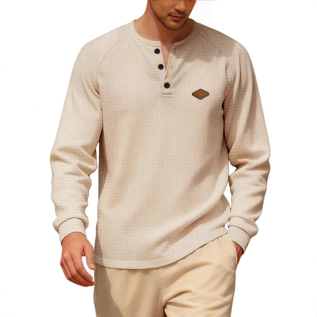 Herren nan Waffelstrick-Henley Langarmshirt mit Raglanärmeln, Halbknopfleiste und Lederlabel Echo Archiv