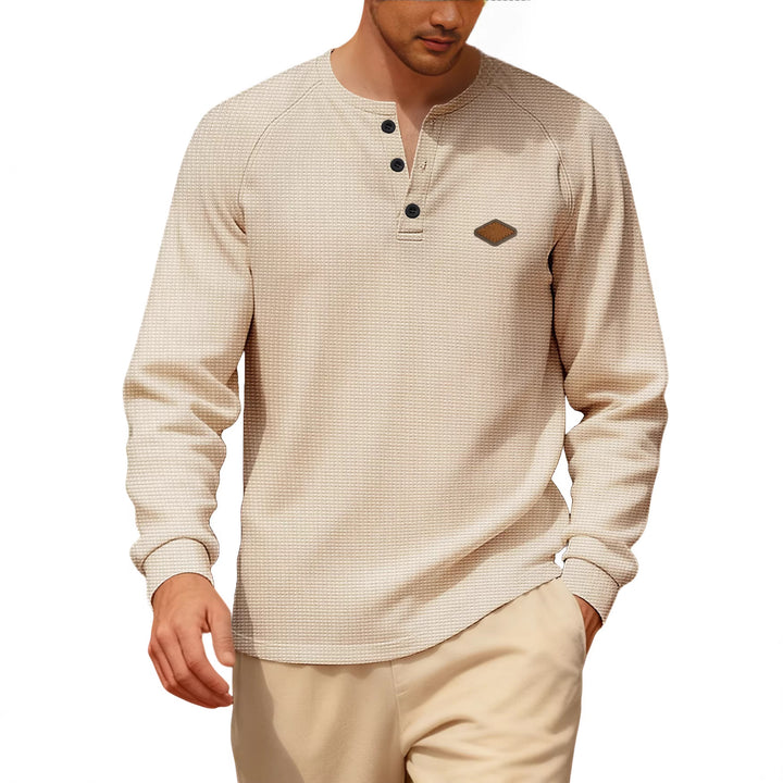 Herren nan Waffelstrick-Henley Langarmshirt mit Raglanärmeln, Halbknopfleiste und Lederlabel Echo Archiv