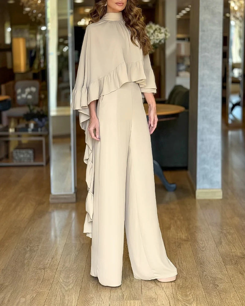 Damen Eleganter Overall mit Cape-Volant und weitem Palazzohosenbein – Solévia