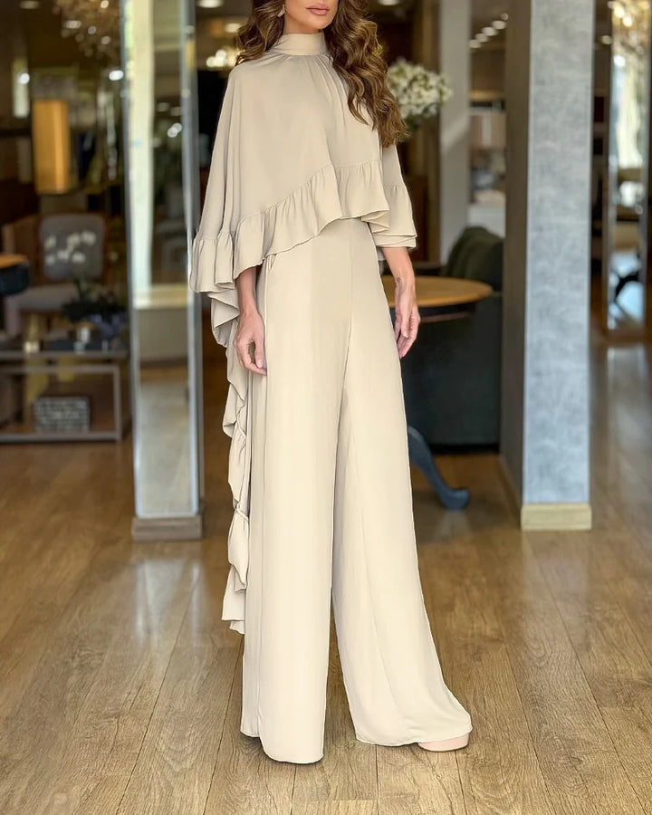 Damen Eleganter Overall mit Cape-Volant und weitem Palazzohosenbein – Solévia