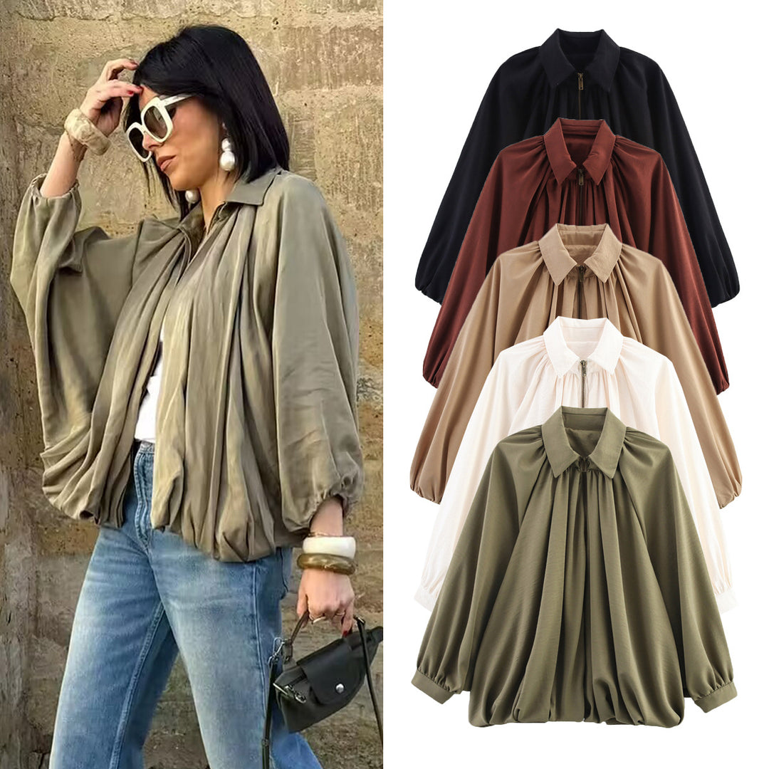 Damen Weite geraffte Blusenjacke mit Reißverschluss und Ballonärmeln Echo Archiv